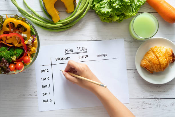 calorieën controle, maaltijdplan, voedsel dieet en gewichtsverlies concept. bovenaanzicht van de hand vulling maaltijdplan op wekelijkse tafel met salade en verse groente op de eettafel - maaltijd stockfoto's en -beelden