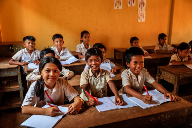 Cambodian school children during class, Tonle Sap, Cambodia stock photo
