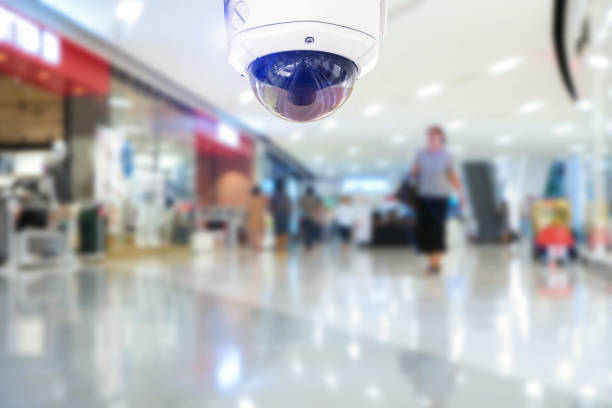 CCTV camera record on blurry store background. stock photo