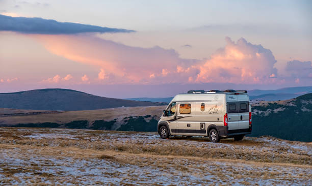 camping at the high mountain pass stock photo