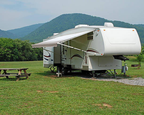 Camping in a Fifth Wheel Trailer stock photo