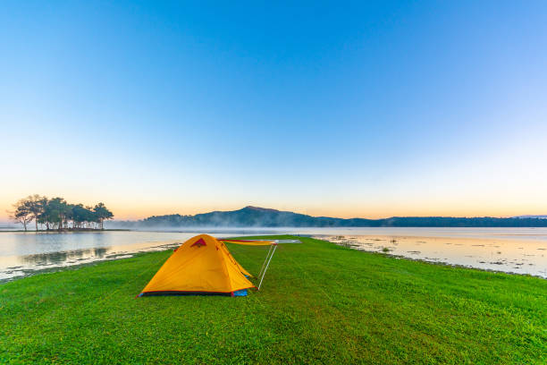 Camping tent on the mountain at Mae Puem National Park in Phayao northern provinces of Thailand. stock photo