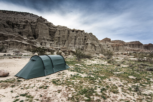 Camping with our tent in the Red Rock Canyon State Park, California.