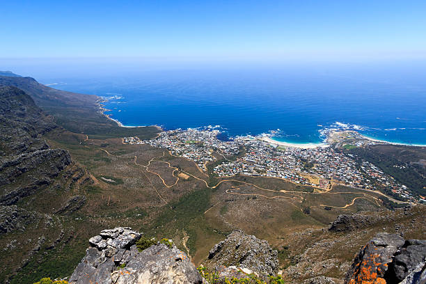 Camps Bay and Clifton panoramic view from Table Mountain stock photo
