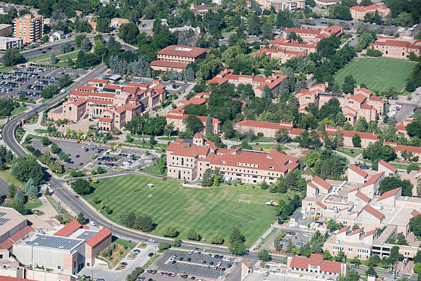 CU Campus Aerial; Boulder, Colorado Aerial of CU (University of Colorado) campus in Boulder, CO. boulder colorado stock pictures, royalty-free photos & images