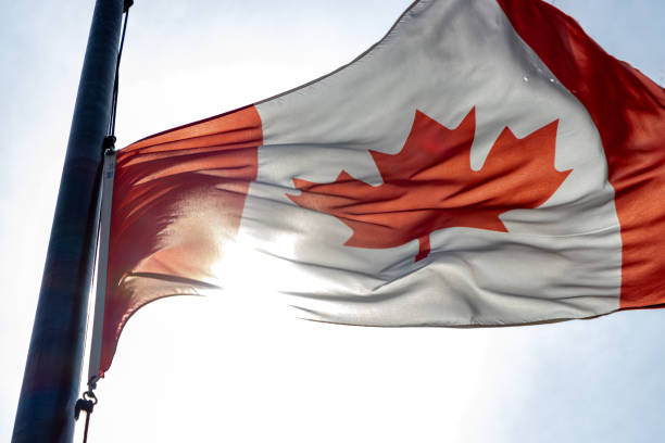 Canada flag flying on pole on sunny day Myrtle Beach, South Carolina - March 28, 2021: A Canadian flag flutters in the wind on a sunny afternoon. flag at half staff stock pictures, royalty-free photos & images