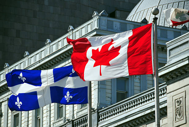 Canada, Quebec, Montreal: flags at the old Palace of Justice stock photo