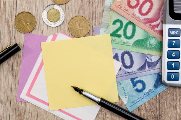 Canadian dollar with notepad pen and calculator stock photo