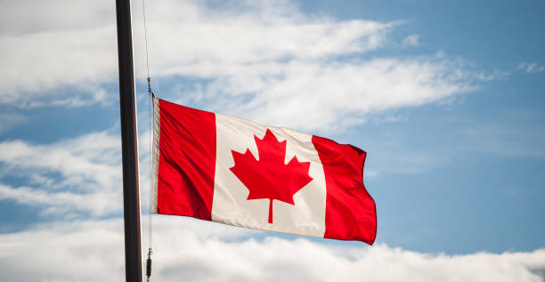 Canadian Flag Waving at Half-Mast The flag is lowered to half-mast / half-staff as a sign of distress, mourning or respect. flag at half staff stock pictures, royalty-free photos & images