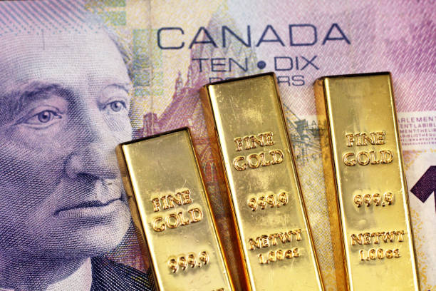 A Canadian ten dollar bill with three gold bars stock photo
