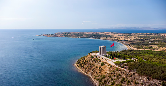 Canakkale - Turkey, September 12, 2021 Gallipoli peninsula, where Canakkale land and sea battles took place during the first world war. Martyrs monument and Anzac Cove. Photo shoot with drone.