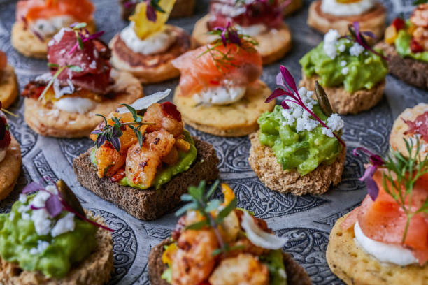 Canapes for party Different types of finger food canape photos stock pictures, royalty-free photos & images