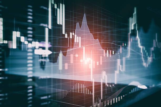 candle stick graph and bar chart of stock market investment - finanças e economia imagens e fotografias de stock