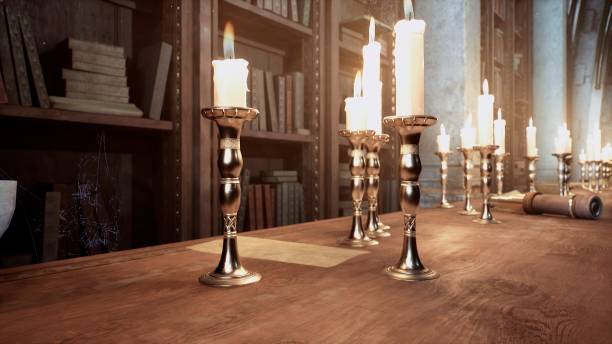 Candles on the table of an alchemist in a medieval ancient castle. 3D Rendering. stock photo