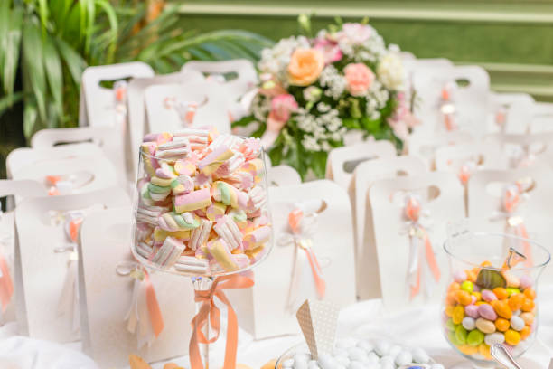 Candy Bar and sweet buffet with marshmallows stock photo