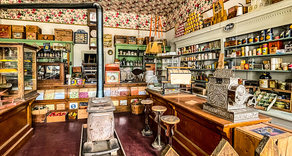 This display in Virginia City Montana is a view of what a candy store for the 1800’s would look like.  Genuine vintage items are on display in this recreation.