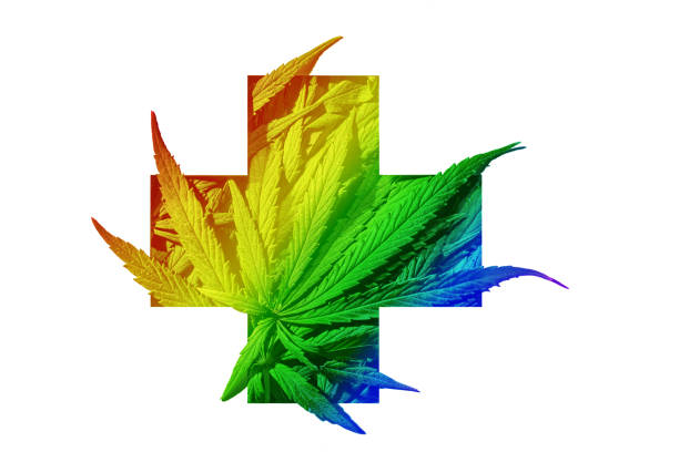 Cannabis LGBT colors leaves in medical plus sign emblem frame on white background. stock photo