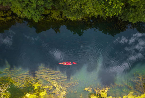canoeing on the river - aerial boat imagens e fotografias de stock