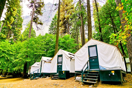Canvas tent cabins at Half Dome Village in Yosemite National Park in autumn