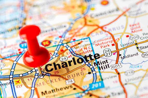 US capital cities on map series: Charlotte, NC stock photo