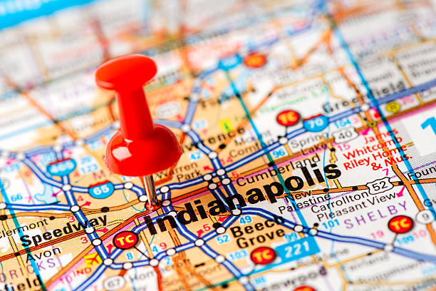 US capital cities on map series: Indianapolis, Indiana stock photo