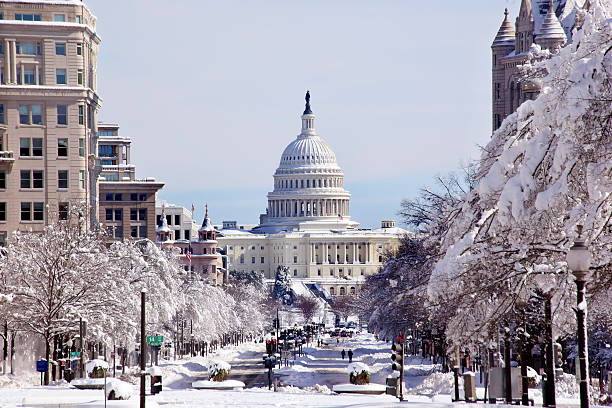 US Capital Pennsylvania Avenue After the Snow Washington DC stock photo