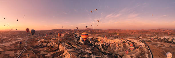 Cappadocia panoramic shot from a drone at sunrise Balloon in Cappadocia at sunrise. Photo from drone Mavik2pro rock hoodoo stock pictures, royalty-free photos & images