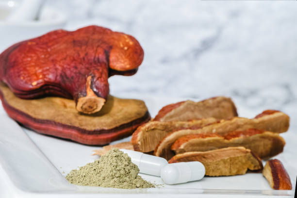 Capsule and powder of Lingzhi Mushroom Ganoderma Lucidum on for herbal medicine Real Mushrooms stock photo