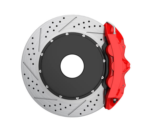 Car Brake Disc and Red Caliper Isolated stock photo