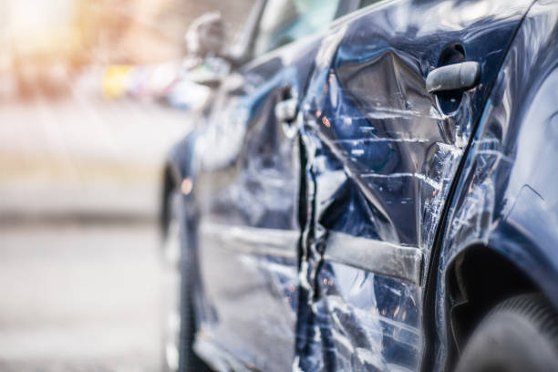 Car crash  on highway.  Automobile accident on street. Car crash  on highway.  Automobile accident on street. Damage side or door after collision in city. dented stock pictures, royalty-free photos & images
