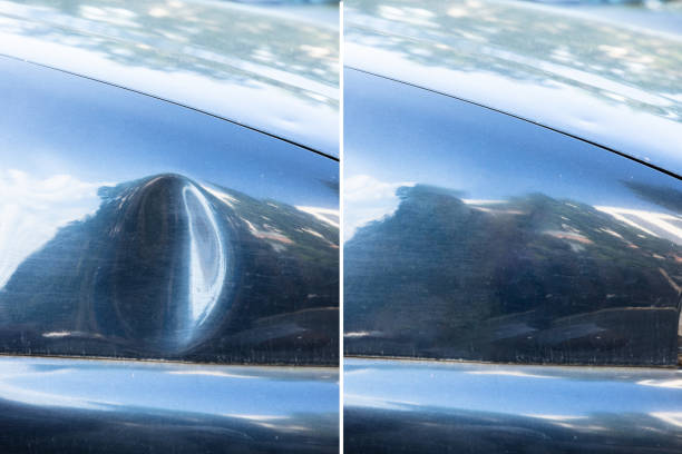 Car dent repair before and after Photo of car dent repair before and after dented stock pictures, royalty-free photos & images
