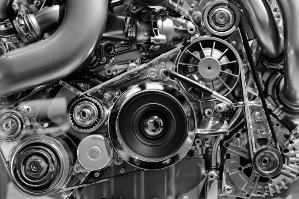 Car engine detail Car engine, concept of modern vehicle motor with metal, chrome details, automobile industry, monochrome diesel fuel stock pictures, royalty-free photos & images