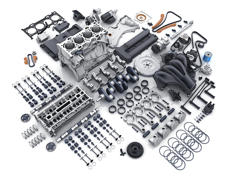 Car Engine Disassembled Many Parts Stock Photo - Download Image Now
