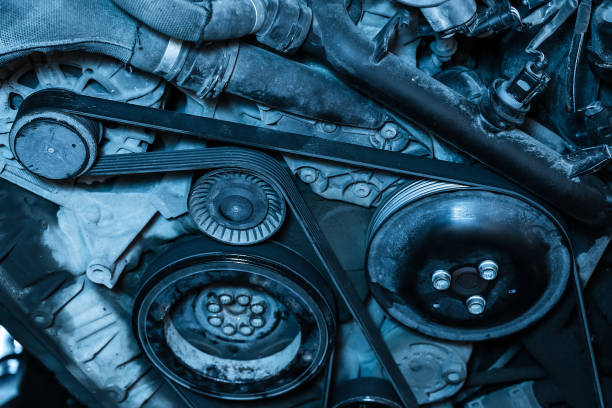 Car engine repair. Generator belt. stock photo