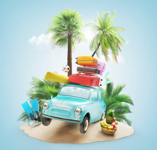 Car for holiday with suitcases and palm stock photo