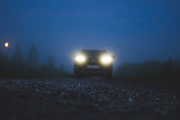 夜の森の中の車 - ハロゲンライト ストックフォトと画像