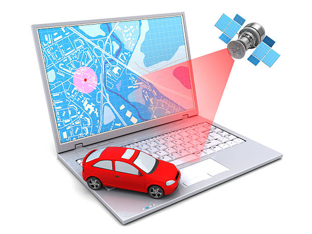 car location 3d illustration of car location tracking with laptop and satellite chasing stock pictures, royalty-free photos & images