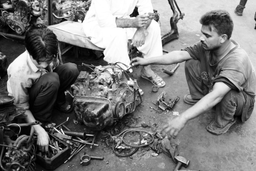 Car Repairmen Working Fixing Auto Engine Karachi Scrapyard Stock Photo