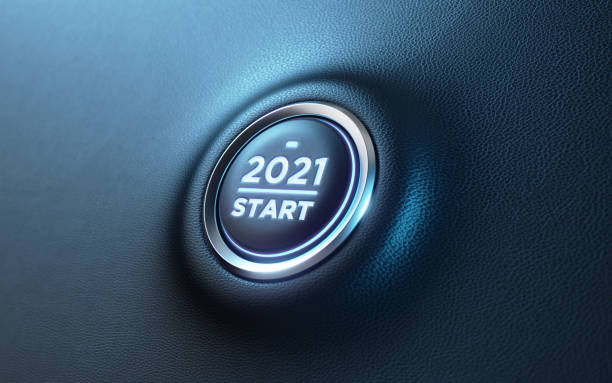 2021 start button on dashboard. Horizontal composition with copy space and selective focus. New year concept.