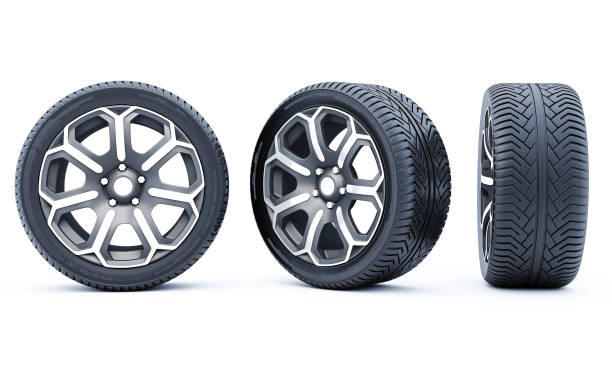 Car wheels isolated on a white background. 3D rendering. stock photo