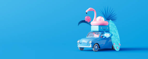 Car with luggage and summer accessories on blue background. Creative minimal vacation and travel concept idea with copy space 3D Render stock photo