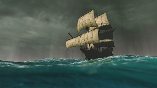 Caravel sailing the ocean during a storm