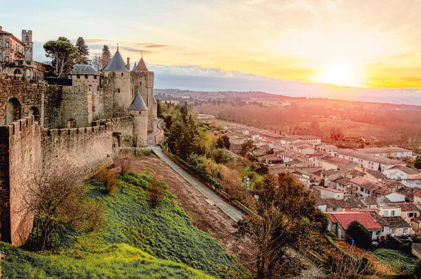 Carcassonne. France . Beautiful sunset landscape in the famous city in France. stock photo