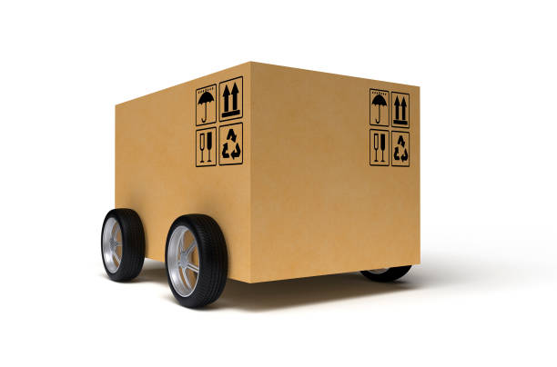 Cardboard box on wheels isolated on white background. 3D rendering stock photo