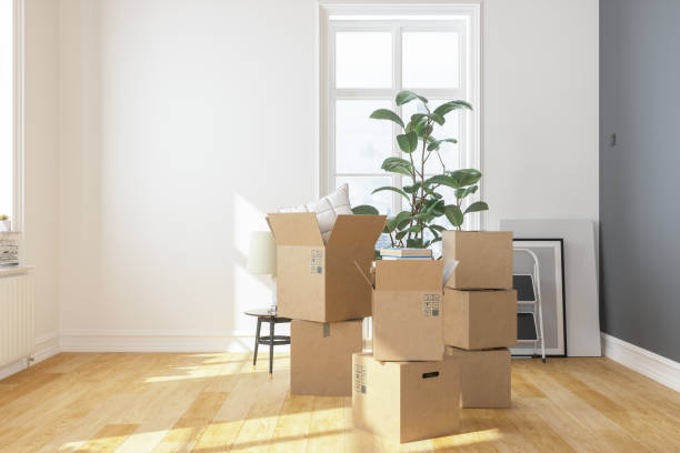 cajas de cartón en apartamento nuevo - unpacking after a move fotografías e imágenes de stock