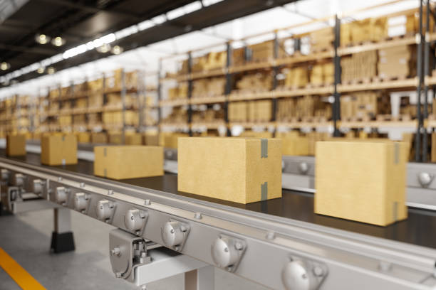 Cardboard Boxes Moving On Conveyor Belt Cardboard Boxes Moving On Conveyor Belt conveyor belt stock pictures, royalty-free photos & images