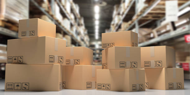 cardboard boxes on blur storage warehouse shelves background. 3d illustration - box imagens e fotografias de stock
