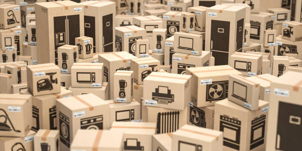 cardboard boxes with household kitchen appliances and home technics. E-commerce, internet online shopping and delivery concept. stock photo