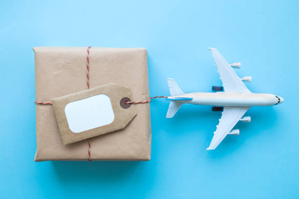 Cardboard delivery box with copy space label and small airplane abstract on blue. stock photo