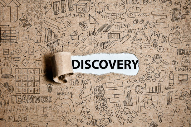 DISCOVERY / Cardboard with charts and text - concept (Click for more) stock photo